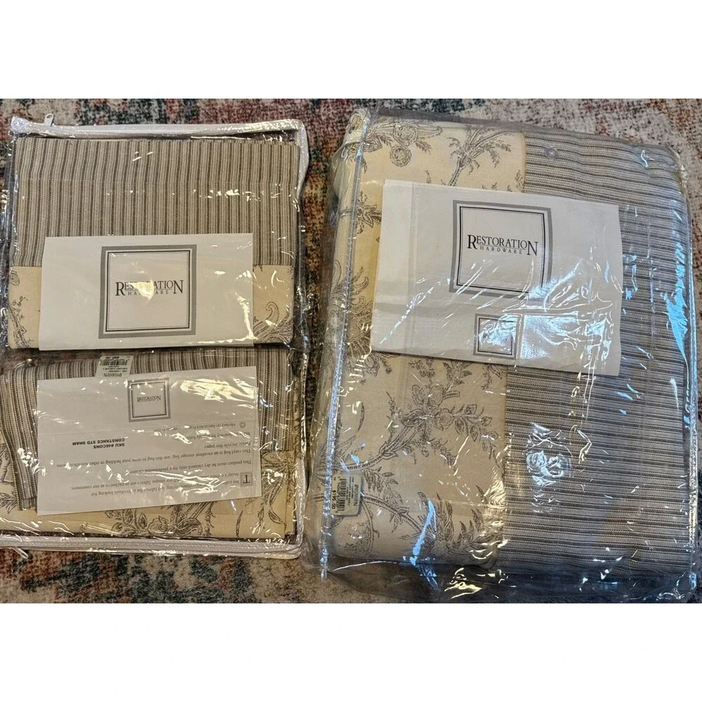 Restoration Hardware Constance King Duvet Cover 2 Std Shams Floral Stripe Beige
